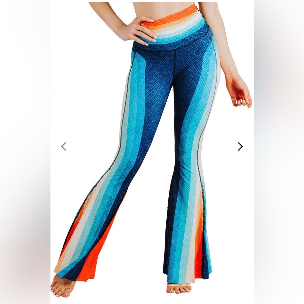 Yoga Democracy S Retro Rainbow Flare Bell Bottom Leggings Pants Floral Blue Red - Picture 4 of 10